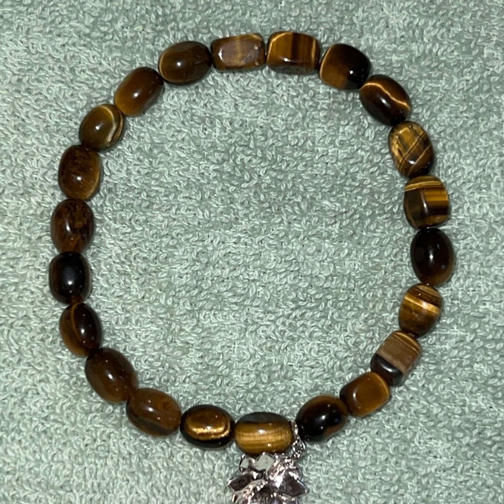 Natural Tigers Eye Yellow/Brown Stone Stretch Bracelet With 925 Dangle 7.5”